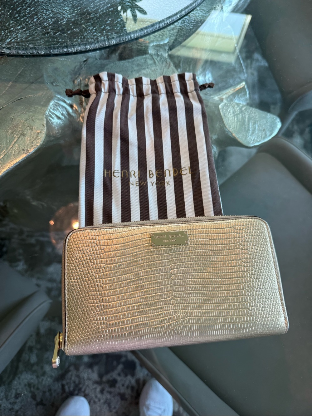 henri bendel Metallic Gold Lizard-Embossed Zip Wallet